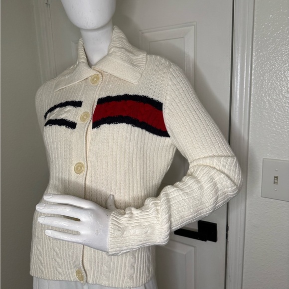 Tommy Hilfiger 90's White Blue and Red Classic Cable Knit Cardigan Size Large - Picture 3 of 14